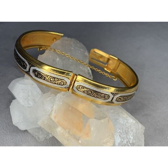 Gorgeous Vintage scroll pattern, enameled gold tone bracelet - Picture 5 of 5